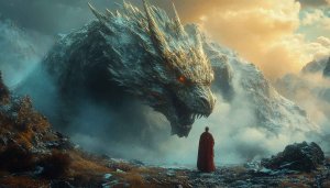 Giant Dragon Encounter 4K Desktop Wallpaper, Epic Fantasy Art
