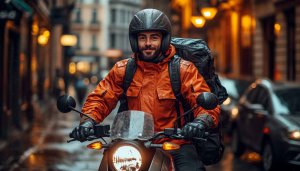 Delivery Driver on Motorcycle Urban Street 4K Desktop Background Wallpaper