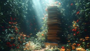 Magical Books Stack Rose Garden 4K Desktop Wallpaper Background