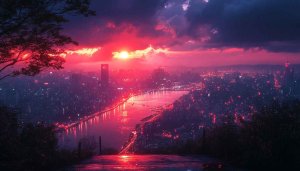 Cyberpunk Cityscape Sunset 4K Desktop Wallpaper, Red and Purple Aesthetics