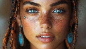 Portrait Wallpaper: Beautiful Woman with Freckles and Piercing Blue Eyes