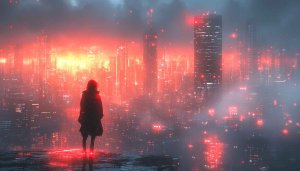 Cyberpunk Cityscape Woman Silhouette Red Aesthetic 4K Desktop Wallpaper