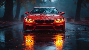 BMW M4 Red Car 4K Desktop Wallpaper Rainy Road