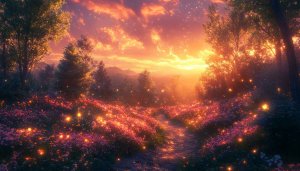 Enchanted Forest Sunset 4K Desktop Background Magical Flower Wallpaper