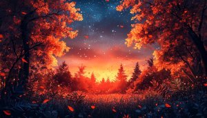 Red Autumn Forest Night Sky Stars 4K Desktop Wallpaper