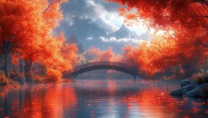 Autumn Bridge Over Lake 4K Desktop Background Mobile Wallpaper