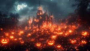 Spooky Halloween Castle Jack O Lanterns Desktop Background 4K Wallpaper