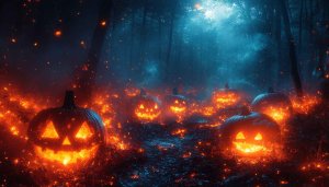 Spooky Halloween Night Glowing Pumpkins 4K Desktop Background Wallpaper