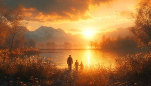 Golden Sunset Lake Family Moment 4K Desktop Background Wallpaper