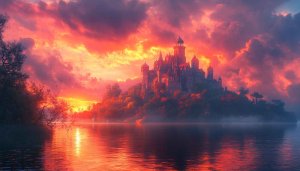 Fantasy Castle Sunset 4K Desktop Wallpaper, Lake Reflection Background