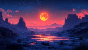 Fantasy Desert Landscape with Red Moon 4K Desktop Wallpaper