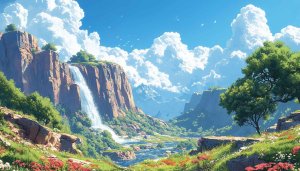 Anime Style Waterfall Scenery Wallpaper for Desktop and Mobile