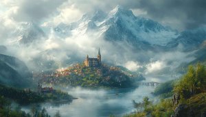 Snow Mountain Village 4K Desktop Wallpaper | Fantasy Landscape Scenery