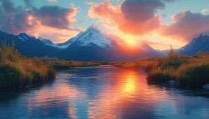 Snowy Mountain River Sunset 4K Desktop Background Mobile Wallpaper