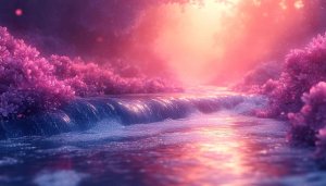 Pink Blossom River 4K Desktop Background, Fantasy Aesthetic Mobile Wallpaper