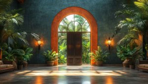 Tropical Interior Archway 4K Desktop Background, Exotic Plants Wallpaper