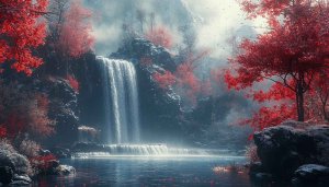 Red Autumn Trees Waterfall 4K Desktop Landscape Mobile Wallpaper