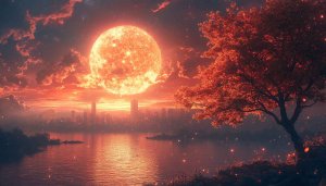 Fantasy Cityscape with Giant Sun Free Mobile and Desktop Wallpaper