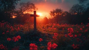 Sunset Cross Field Mobile Wallpaper, Religious 4K Desktop Background