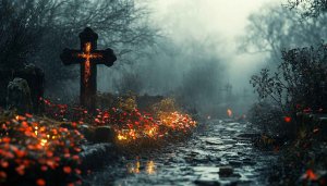 Rainy Cemetery Cross Glowing Flowers 4K Desktop Wallpaper Background