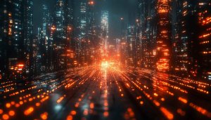 Abstract Cyberpunk Cityscape 4K Desktop Wallpaper, Orange Glow Mobile Background