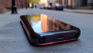 Smartphone Close-Up Wallpaper, Glossy Black, Pink LED, Mobile Background