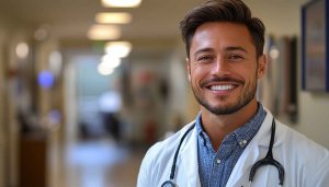 Handsome Doctor Portrait Wallpaper For Healthcare Clinic 4K Desktop Background