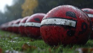 Red Water Polo Balls on Grass Field 4K Desktop Wallpaper