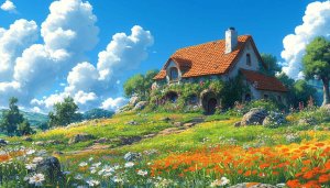 Fairytale Cottagecore House 4K Wallpaper, Flower Field Desktop Background