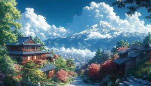 Mt. Fuji Japanese Village Scenic Landscape 4K Desktop Wallpaper