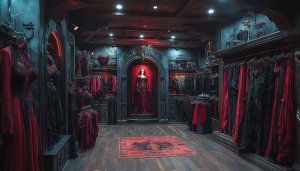 Gothic Clothing Store Red and Black Dress 4K Wallpaper