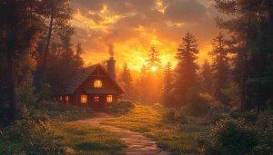 Cozy Log Cabin at Sunset 4K Desktop Wallpaper Background