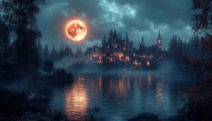 Fantasy Castle Lake Under Full Moon 4K Desktop Wallpaper