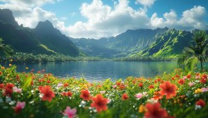 Tropical Island Lake View Flowers 4K Mobile Desktop Wallpaper