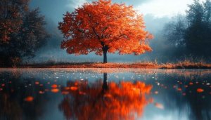 Autumn Orange Tree Reflected In Water Surface Mobile Wallpaper