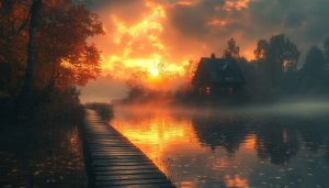 Autumn Sunset Cottage Lake 4K Desktop Wallpaper Free Background
