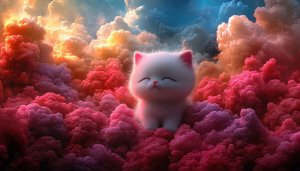 Cute Kitten Pink Clouds Wallpaper, Cartoon Kitten Desktop Background 4K