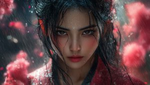Geisha Girl Under Rain 4K Mobile Background Art Wallpaper
