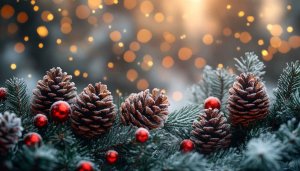 Festive Christmas Pinecone Bokeh Lights Desktop Wallpaper 4K