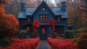 Autumn Gothic House Wallpaper, Spooky Background, Fall Season Desktop Wallpaper