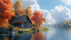 Cozy Autumn Cottage Lake 4K Desktop Wallpaper Free