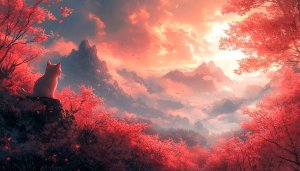 Red Landscape with Cat Free Mobile Wallpaper 4K Backgrounds