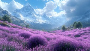Lavender Field Snow Mountains Wallpaper, Spring Nature 4K Desktop Background