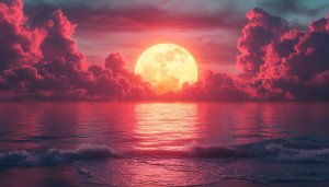 Full Moon Rising Ocean Waves Pink Clouds Desktop Wallpaper 4K