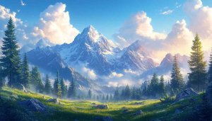 Snowy Mountains with Forest Scenery Mobile and Desktop Wallpaper