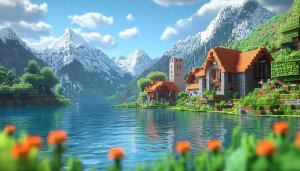 Minecraft Village Lakeview 4K Desktop Background, Free Mobile Wallpaper