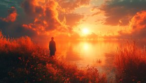 Fiery Sunset Lake Silhouette Scenery 4K Desktop Background Wallpaper