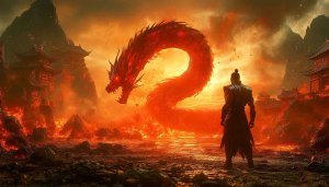 Fantasy Dragon Wallpaper, Warrior Facing Dragon, Flaming Landscape 4K Background