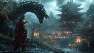 Fantasy Asian Village Dragon Fight 4K Desktop Wallpaper Background