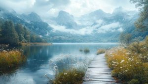 Serene Lake Mountain Wallpaper, 4K Landscape Desktop Background, Foggy Nature Scene